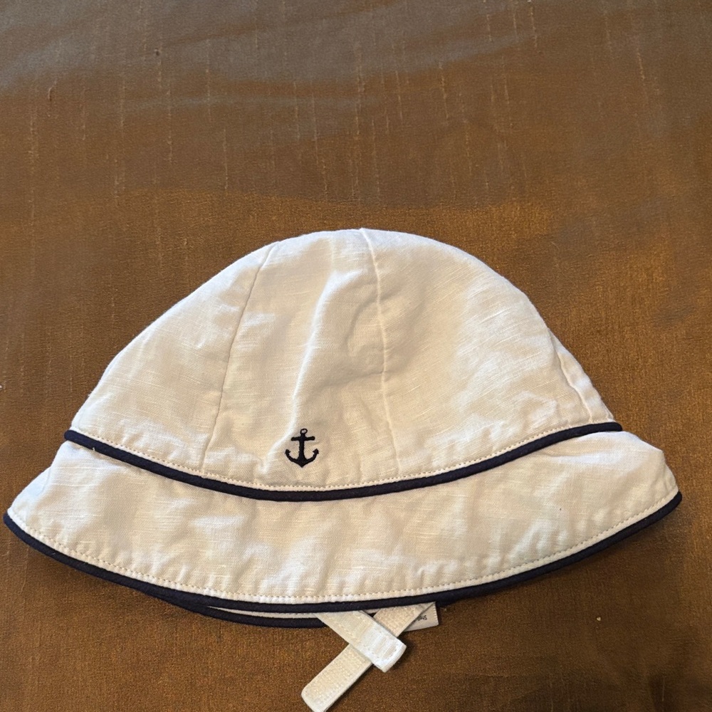 Janie and Jack White Bucket Hat with Navy Trim